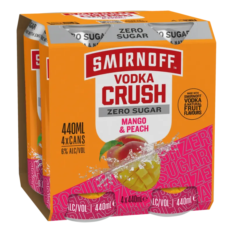 Smirnoff Vodka Crush Zero Sugar Mango & Peach 4 Pack 6% Cans 440ml