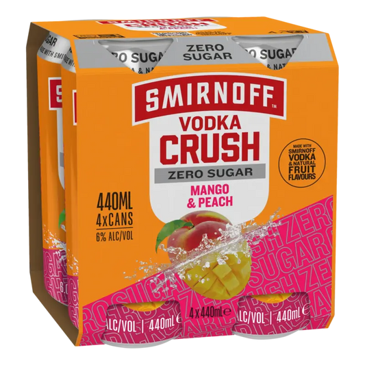 Smirnoff Vodka Crush Zero Sugar Mango & Peach 4 Pack 6% Cans 440ml