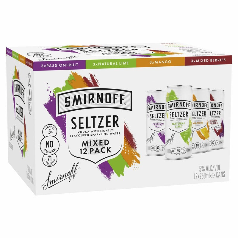 Smirnoff Seltzer Mixed 12 Pack 5% Cans 250ml